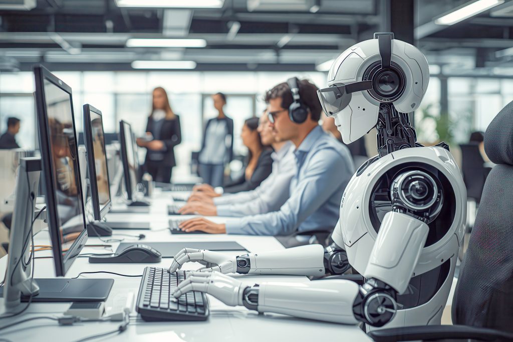 AI robot using computer work with human team in teamwork productivity assistant coding agent in office background